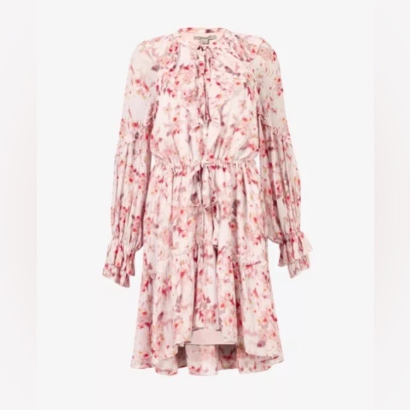 All Saints Ava Momo Dress Floral Print Long Sleeve Ruffle - Pink - US Size 4 - Picture 2 of 13